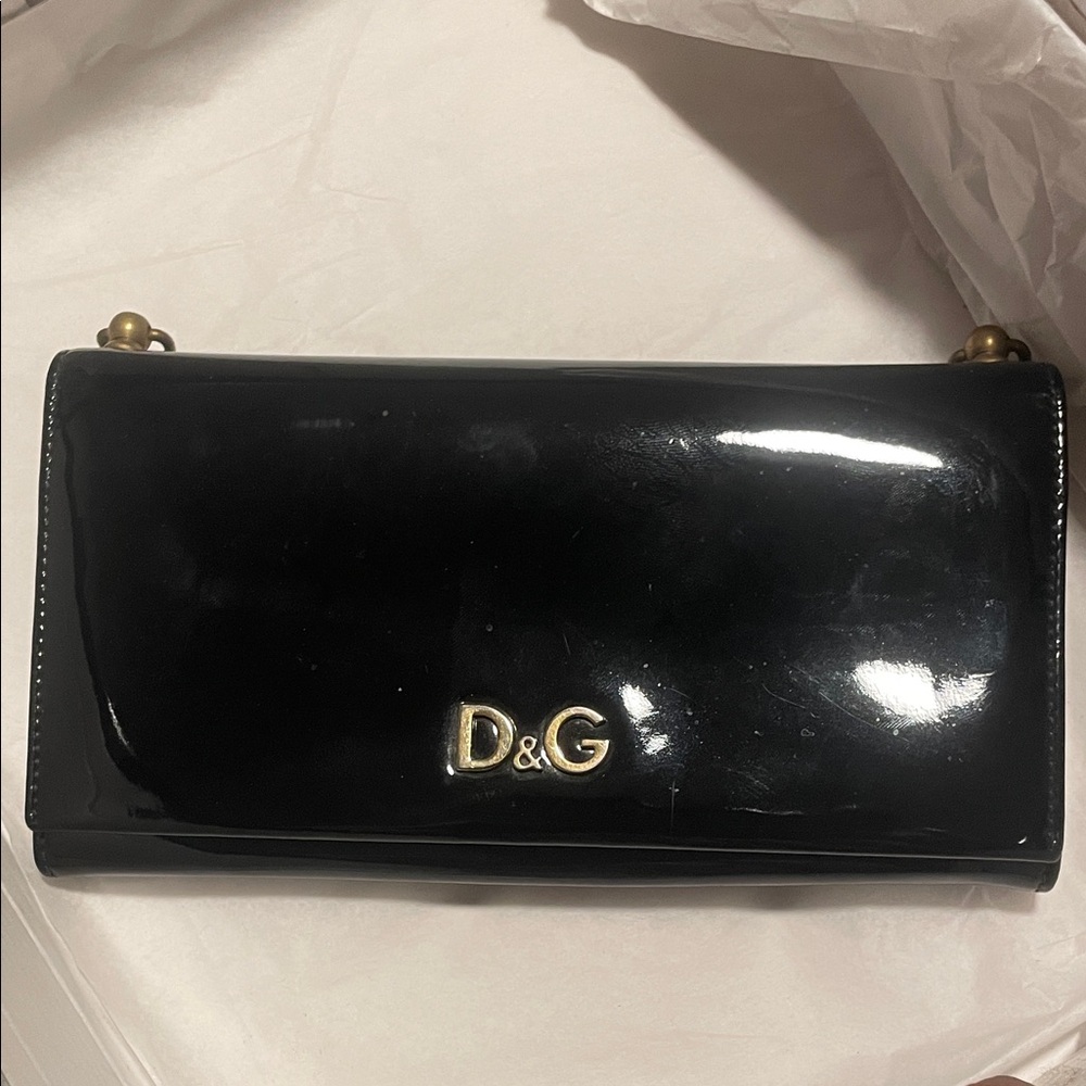 Dolce & Gabbana Glossy Black Clutch with Gold Accents wallet or wallet on chain